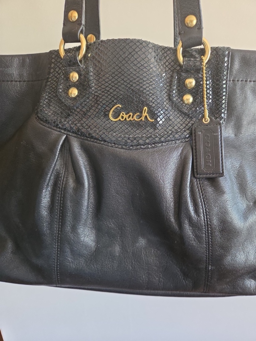 Coach Ashley Black Leather Carryall Python Purse (F1261-F19243)